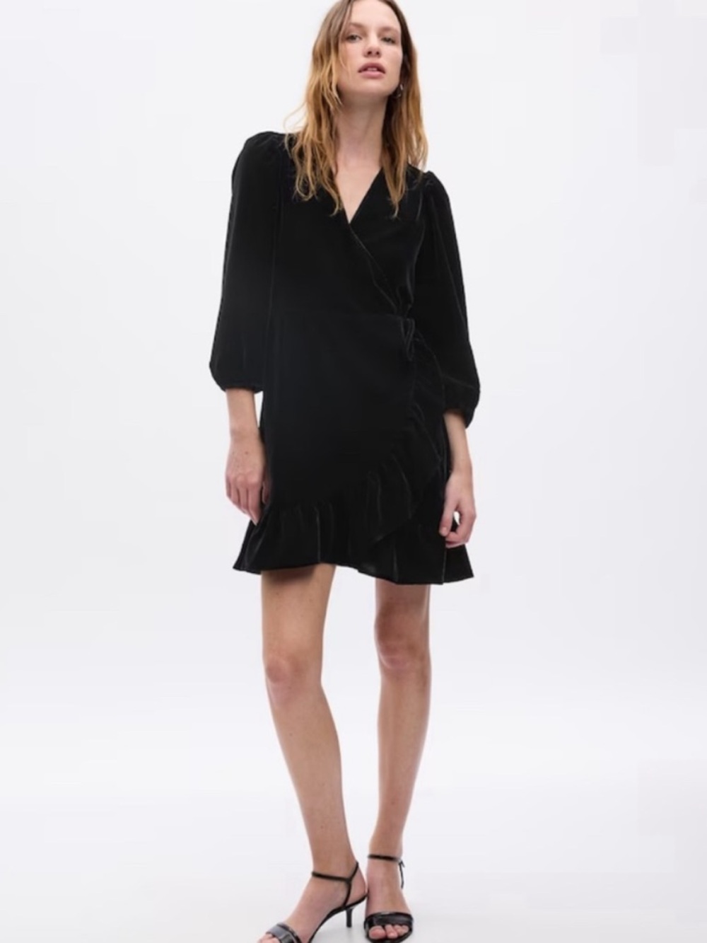 GAP Black Velvet V-Neck Ruffle Wrap Mini Dress